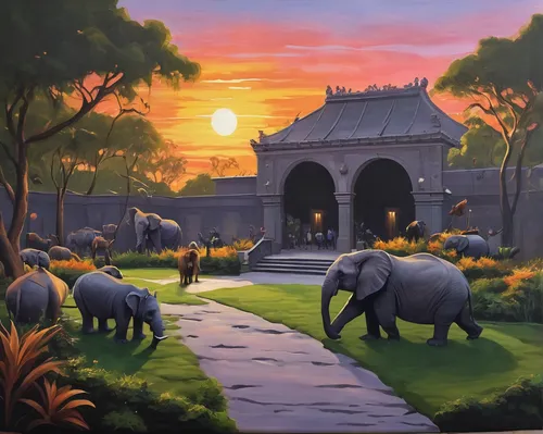 Create a peaceful painting of a zoo at sunrise.,elephants,cartoon elephants,elephant camp,elephant herd,elephantine,elephant ride,indian elephant,indian art,african elephants,elephants and mammoths,as