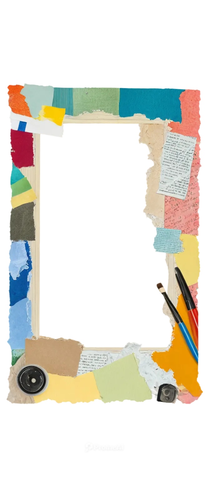 Mixed media collage, abstract background, torn paper edges, vintage photographs, colorful fabric scraps, handwritten notes, scattered paintbrushes, artistic supplies, creative workspace, messy desk, m