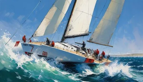 VENDÉE GLOBE, highspeed monohulls yacht race on sunny windy day, water splashing, sunny, scene of 21th century, insanely detailed inpasto painting with rough paint strokes and textures, by Pino Daeni,