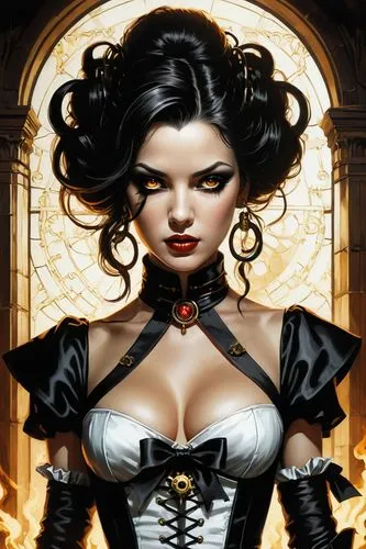 gothic woman,gothic portrait,vampire woman,vampire lady,sorceress,dark angel,gothic fashion,queen of hearts,goth woman,fantasy woman,baroque angel,rosa ' amber cover,gothic style,the enchantress,gothic,femme fatale,dodge warlock,fantasy portrait,black widow,bodice,Illustration,Realistic Fantasy,Realistic Fantasy 10