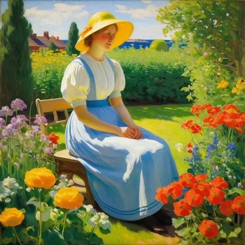 depict the beauty of the female body;  enjoy yourself more; garden scene,girl in the garden,girl picking flowers,in the garden,girl in flowers,work in the garden,maillol,primavera,perugini,bogyman,fio