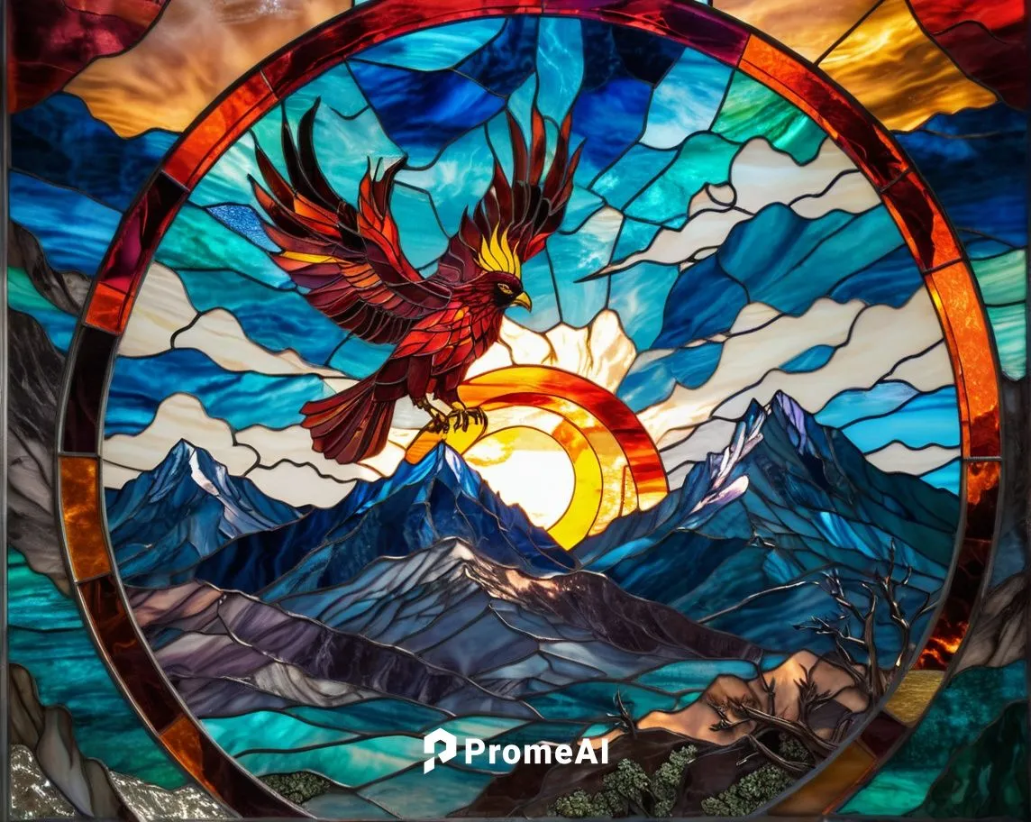 the phoenix bird rises from the ashes towards the sky that is torn by lightning in an esoteric mystical and beautiful scene,stained glass window,stained glass,glass painting,stained glass pattern,stai