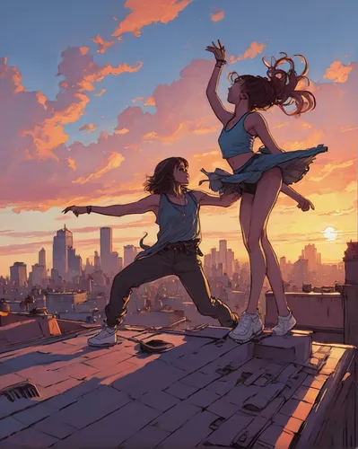 on the roof,rooftops,rooftop,roof top,above the city,roofs,view from the roof,sci fiction illustration,roof landscape,roofers,roof terrace,flying girl,falling,game illustration,roof,house roofs,parkour,skycraper,roof garden,sunset,Illustration,Paper based,Paper Based 17