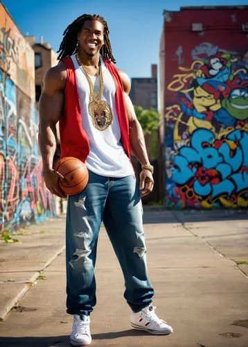 Big D Randy, Disney Pixar character, muscular man, African American, dreadlocks hair, gold chain necklace, sleeveless shirt, ripped jeans, sneakers, confident smile, one hand on hip, other hand holdin