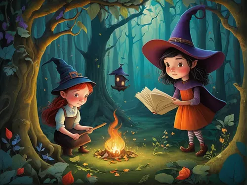 halloween illustration,witches,children's fairy tale,kids illustration,celebration of witches,witch's hat,magical adventure,halloween poster,candy cauldron,halloween wallpaper,fairy forest,witch's house,pinocchio,halloween scene,happy children playing in the forest,witches' hats,witch hat,fairytale characters,a fairy tale,magic book,Art,Artistic Painting,Artistic Painting 29