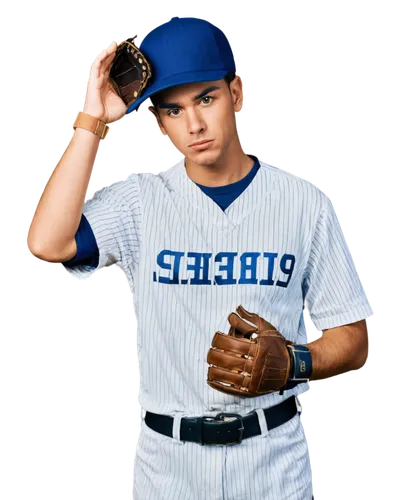 Baseball player, male, athletic build, worn baseball glove, white baseball uniform, blue stripes, golden belt buckle, sweaty forehead, focused expression, throwing motion, stadium lights, evening atmo