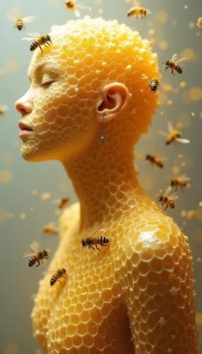 Surreal, hyperrealistic portrait featuring a figure with a textured surface resembling honeycomb, glowing with warm golden hues. The head is adorned with intricate, organic patterns that mimic natural