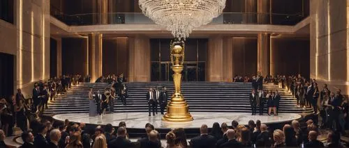 Modern architecture, prestigious award ceremony, luxurious interior design, grand staircase, marble floor, crystal chandelier, golden trophy, elegant podium, stylish audience, evening wear, suits and 