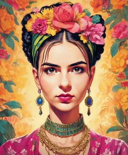 Portrait of Frida kahlo, bright and saturated colors, elegant, highly detailed, vogue, fashion magazine, sharp focus, Bright expressive makeup, Dramatic Lighting, Depth of field, Incredibly high detai