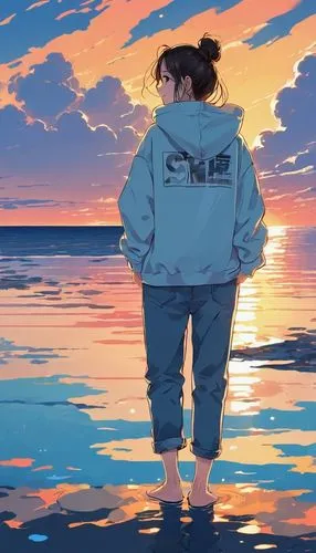 masterpiece, highest quality, movie stills, 1 girl, baggy hoodie、７cropped pants、denim、Sky reflected on the sea surface、mirror-like water surface、Reflective water surface、I can see the ankle、Barefoot、S