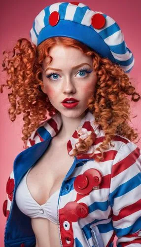 raggedy ann,redhead doll,red white,bodypainting,red white blue,patriotically,pierrette,uncle sam,greasepaint,amerio,retro woman,operetta,body painting,uncle sam hat,americana,americaine,retro pin up girls,guerette,female doll,retro pin up girl,Conceptual Art,Fantasy,Fantasy 26