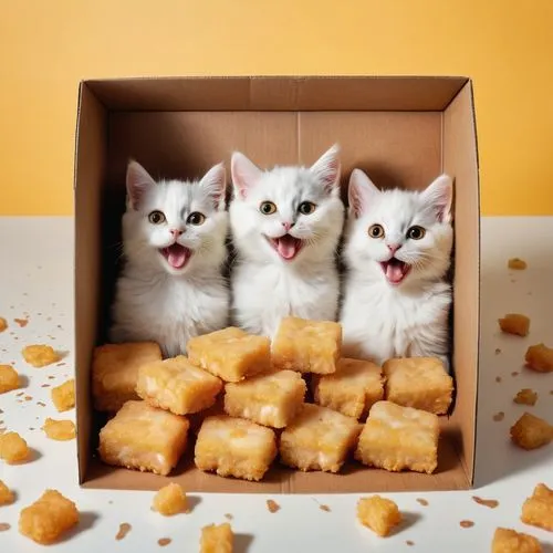  A box of chicken nuggets with happy funny feline faces. One of the chicken nuggets is bathing in the dip. Text: "KITTEN NUGGETS",cheese cubes,sugar cubes,nuggets,cheese puffs,coconut cubes,kittens,ca