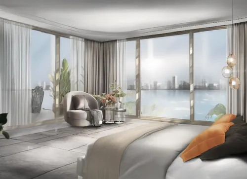 a bedroom with large windows and a bed in front of it,penthouses,modern room,3d rendering,guest room,arcona,habitaciones