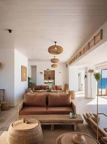 indoor coffe shop, mediterranean coastal style, lounge sitting areas, sunrise mood, natural materials, woven light fixtures, white ceilings,hyper realistic photo, interor design magazine photo,the int