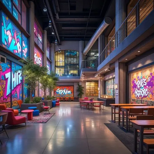 Vibrant youth center, dynamic facade patterns, LED light installations, urban street art, graffiti murals, industrial chic architecture, exposed ductwork, polished concrete floors, bold color schemes,