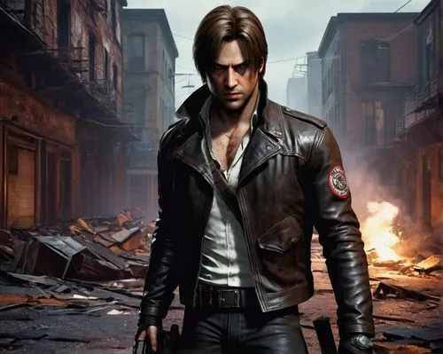 Leon S Kennedy, male, rugged, 40yo, strong facial features, determined eyes, messy brown hair, worn leather jacket, white shirt, black pants, boots, holding shotgun, standing, abandoned city streets, 