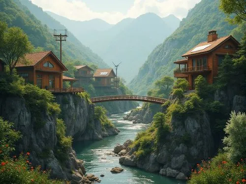 wooden bridge,alpine village,world digital painting,fantasy landscape,japanese alps,house in mountains,scenic bridge,mountain village,house in the mountains,rivendell,mountain settlement,mountain huts,river landscape,japan landscape,bernese oberland,swiss alps,butka,bernese highlands,the alps,tigers nest,Photography,General,Realistic