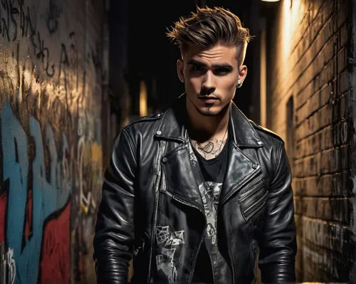 mohawk hairstyle,leather jacket,brick wall background,rockabilly style,trespassing,rocker,quiff,leather,pompadour,portrait background,justin bieber,black leather,rockabilly,concrete background,pomade,codes,brick background,music artist,punk,denim background,Art,Artistic Painting,Artistic Painting 45