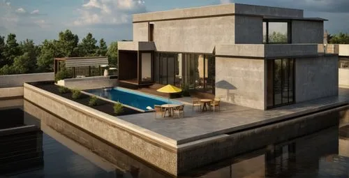 3d rendering,pool house,modern house,render,renders,dunes house,house by the water,roof top pool,3d render,3d rendered,roof landscape,modern architecture,cubic house,holiday villa,rendered,house with lake,roof terrace,revit,contemporary,mid century house