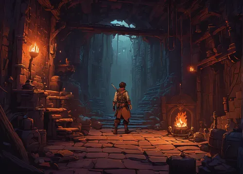 game illustration,chasm,adventure game,dungeons,game art,the wanderer,dungeon,hollow way,wanderer,exploration,wander,monkey island,threshold,adventurer,the pied piper of hamelin,lamplighter,apothecary,magical adventure,shopkeeper,finding,Conceptual Art,Fantasy,Fantasy 18