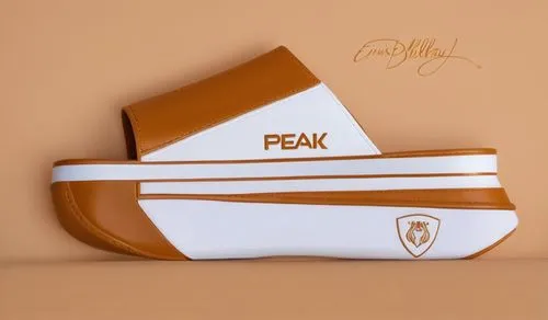 Camel brown sock material slide, tan side panel color, PEAK stitched logo, embossed shield with logo on sole, white sole with camel brown trim,Custom factory slide 2,subpeak,product photos,perk,person