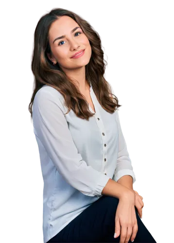 Calm woman, serene expression, gentle smile, soft focus, natural makeup, wavy brown hair, white blouse, relaxed posture, hands on lap, peaceful atmosphere, warm lighting, shallow depth of field, cinem