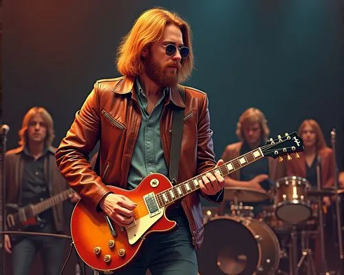 Un hombre alto, de unos 20 años de edad, cabellos largos y lisos de color rojizo, barba, chaqueta de cuero estilo años 1970 y con lentes de aviador, toca la guitarra en frente del público. Él está toc