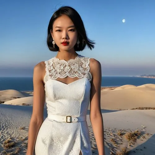 girl on the dune,white winter dress,jinglei,thakoon,yunlei,sand rose,white sands dunes,mongolian girl,yifei,janome chow,cheongsam,whitewashed,ayako,xiaowu,asian woman,xiaoli,xiaoxu,moondragon,carven,blumarine