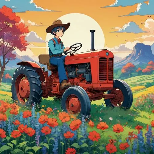 In a vintage illustration, a small rusted steed stands proudly in a field of wildflowers, his nose twitching as he inspects the surrounding lush greenery. His horn is a bright red, and his coiled fram