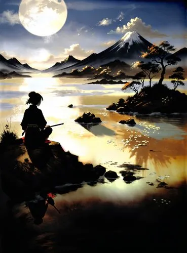 fisherman,erhu,fisherwoman,people fishing,oriental painting,shamisen,Illustration,Paper based,Paper Based 30