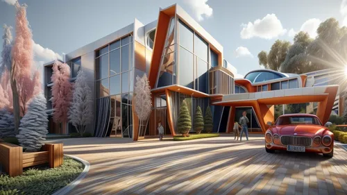 3d rendering,eco hotel,eco-construction,solar cell base,modern architecture,futuristic architecture,cubic house,modern house,futuristic art museum,car showroom,render,school design,cube house,smart house,modern office,underground garage,rosewood,futuristic landscape,golf hotel,cube stilt houses