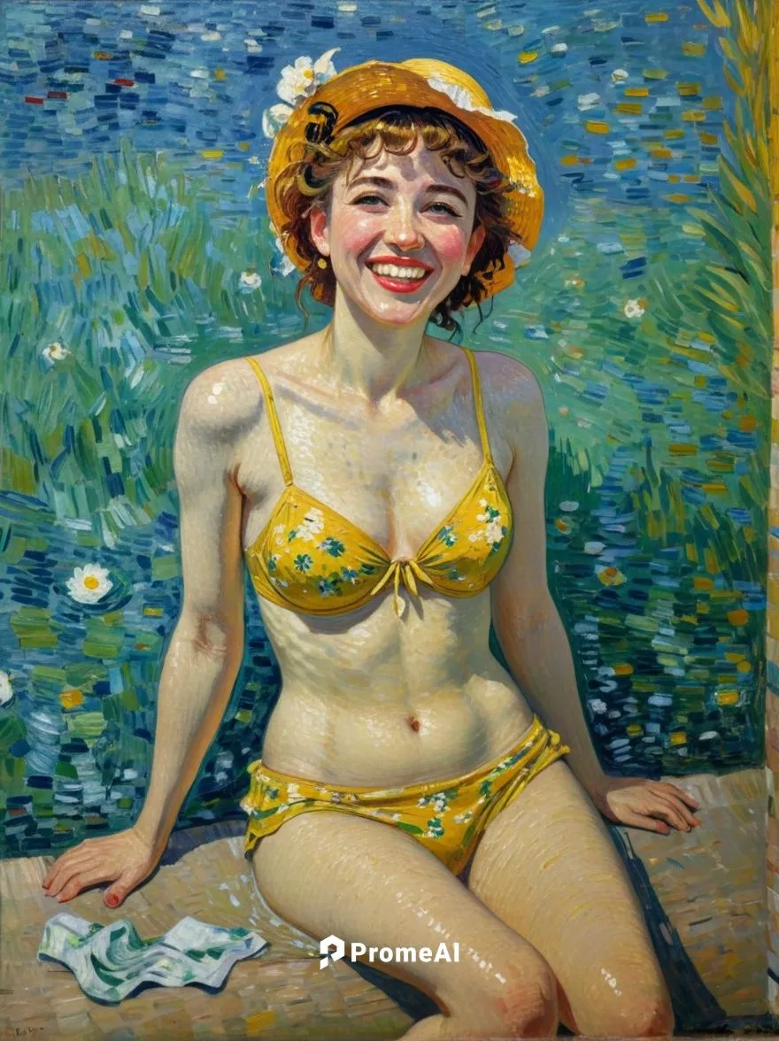 Bathing beauty, smiling. Let the motif appear as a French impressionist painting as if it had been painted by Vincent van Gogh.,a painting of a woman with bikini and a sunhat,domergue,yasumasa,enza,ko