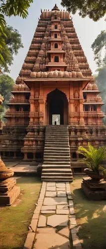 Ram Mandir, Ayodhya architecture style, intricate carvings, ornate pillars, vibrant colored stones, Hindu temple, grandeur entrance, detailed sculptures of gods and goddesses, serene ambiance, morning