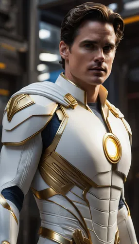 (Matt Bomer) as (Sentry Marvel), (all-white costume with gold accents), (long, white cape), (mid 30's), (full body picture), (not wearing a helmet), (intricate details), (realistic face), (high detail