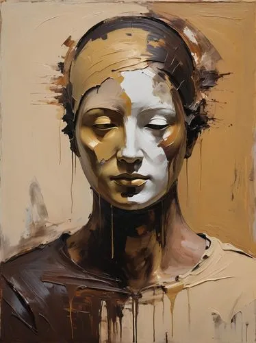 faceless oil painting portrait, thick beige & coffee paint on head, realistic, stoic, statue, heavy thick brush strokes on face, background, face front to camera, make a depth of oil texture








,