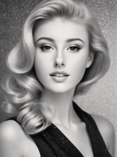 Beautiful blonde lady in black & white 1960s Henri Cartier-Bresson style portrait. Glitzy. Photorealistic. 8k,a woman with blonde hair wearing a black dress,marilyn monroe,connie stevens - female,mary