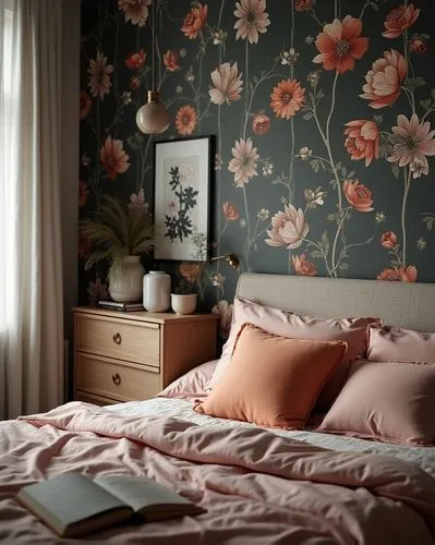 bedroom,chambre,chintz,danish room,wallpapered,fromental,Photography,General,Realistic