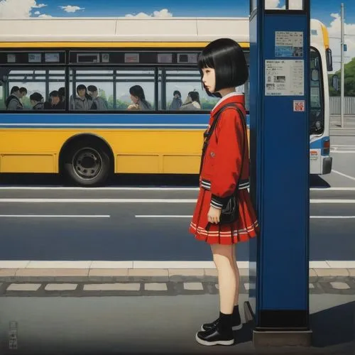 bus stop,phone booth,azusa nakano k-on,yukiko,monogatari,zettai,Illustration,Realistic Fantasy,Realistic Fantasy 08