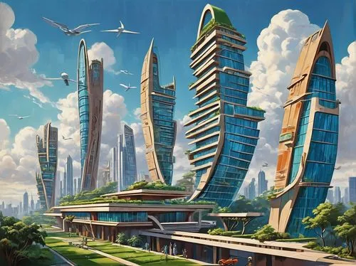 futuristic landscape,futuristic architecture,ecotopia,arcology,sedensky,futuristic,cybercity,utopian,skyterra,jetsons,areopolis,hypermodern,utopias,skylstad,ordos,skyscraper town,fantasy city,cybertown,futuregen,futuristic art museum,Illustration,Retro,Retro 12