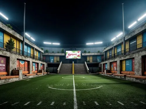 Rustic sports stadium, distressed concrete walls, worn-out wooden bleachers, vintage metal fences, artificial turf, bold colorful graphics, eclectic signage, playful typography, fragmented geometric s