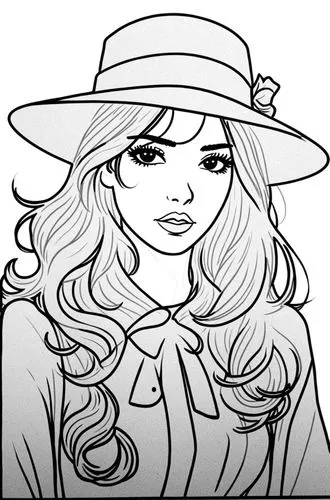 a black and white drawing of a girl in a hat,fujiko,camie,straw hat,lineart,mono-line line art,coloring page,Design Sketch,Design Sketch,Rough Outline