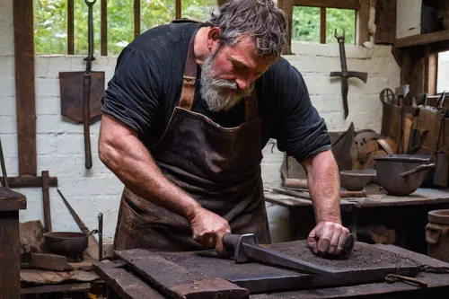 Tell a touching drama about a blacksmith passing down a family heirloom, a metal hammer, as a symbol of perseverance and resilience,blacksmith,tinsmith,metalsmith,sculptor ed elliott,woodworker,farrie