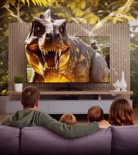 a realistic dinasour with splash water effect inside the wide screen television with the back view of a family  with black dark  background
SAME ON THE PICTURE 
,children are watching a t - rexe in fr