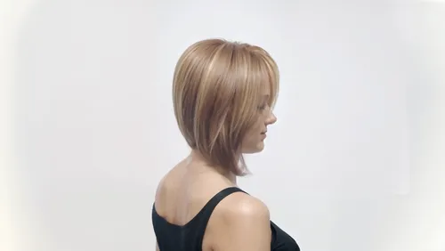 Beautiful woman with smooth skin and a nice body and a black t-shirt,a close up of the back of a woman with an inverted bangs,promax,premaxillae,praxair,braide,procollagen,goldwell