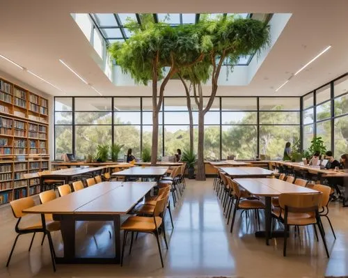 Modern Ucla Extension interior, educational setting, wooden tables, ergonomic chairs, whiteboards, laptops, notebooks, students studying, solo or in groups, warm lighting, natural light pouring throug