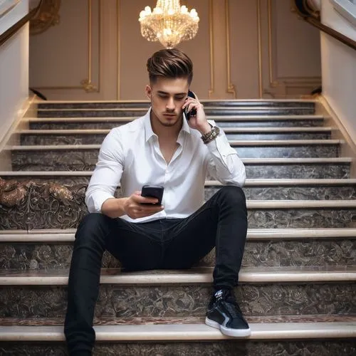 Modern skyscraper building, luxurious villa interior, grand staircase, marble flooring, glass chandelier, detailed ornate decorations, young adult male, 25yo, casual wear, white shirt, dark jeans, bla