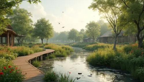 riverwood,landscape background,wetland,nature garden,home landscape,cryengine,streamwood,meadow landscape,river landscape,garden pond,wetlands,salt meadow landscape,riftwar,pond,fantasy landscape,forest path,forest lake,riverlands,wooden bridge,idyllic,Photography,General,Realistic