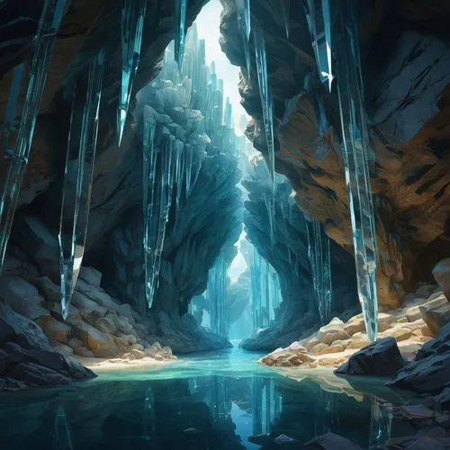 ice cave,icewind,blue cave,ice castle,blue caves,ice landscape,crevasse,icefall,jotunheim,caverns,ice crystal,erebor,crevassed,the glacier,glacier,crystalline,cave,the blue caves,cavern,crystallize,Illustration,Realistic Fantasy,Realistic Fantasy 28