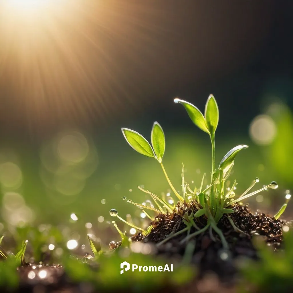 small seed, green sprout, gentle growth, soil surrounding, roots digging deep, sunlight shining down, warm temperature, humid air, dew droplets, natural texture, soft focus, macro photography, shallow