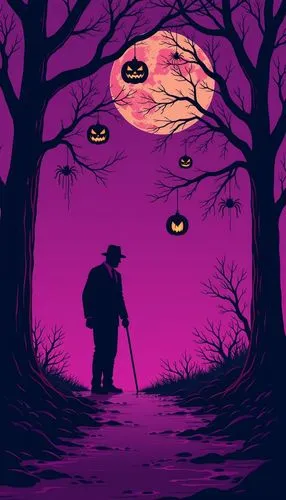 halloween wallpaper,
Stunning illustration featuring dark purple and pink colors, depicting a Halloween night scene with a black silhouetted man on crutches in the distance, pumpkin lanterns hanging f